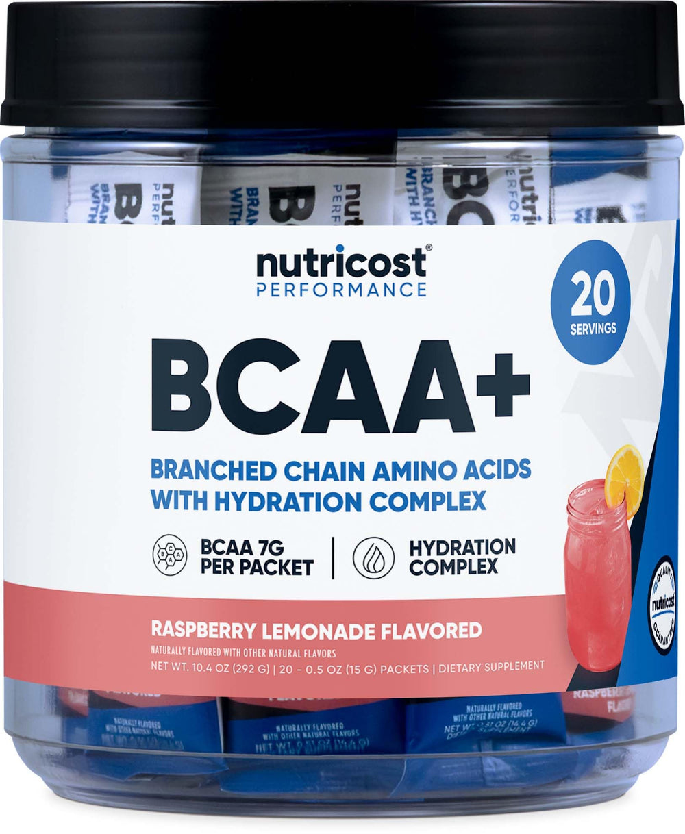 Nutricost BCAA+ Hydration Raspberry Lemonade 20-stickpack front view