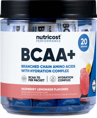 Nutricost BCAA+ Hydration Raspberry Lemonade 20-stickpack front view
