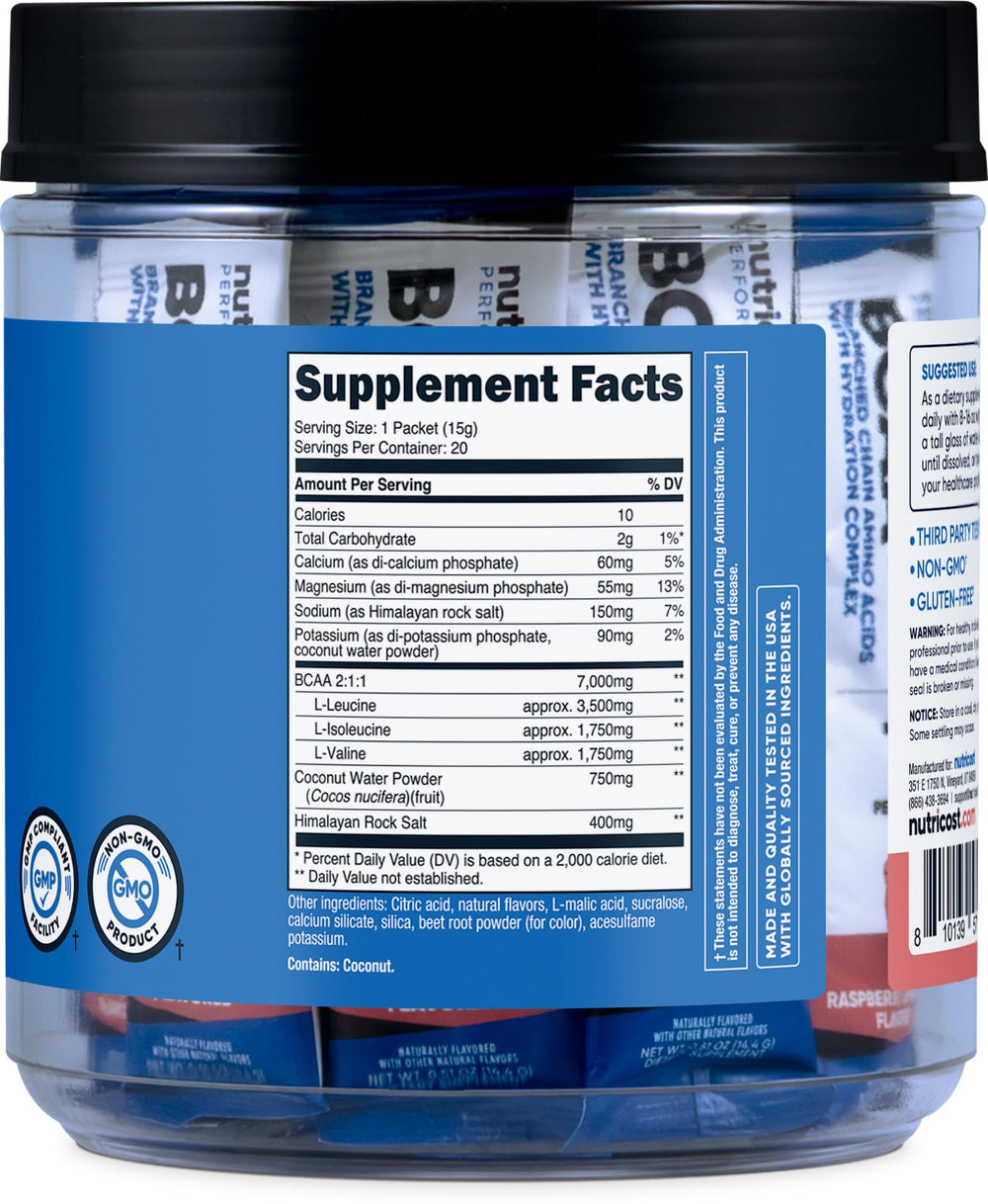 Gluten-Free, Non-GMO Nutricost BCAA+ Hydration Raspberry Lemonade packaging
