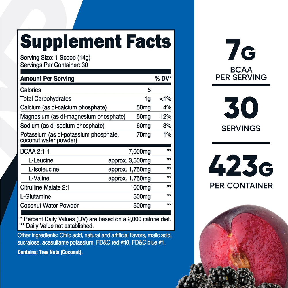 Close-up of nutrition facts showing 7g BCAAs per serving