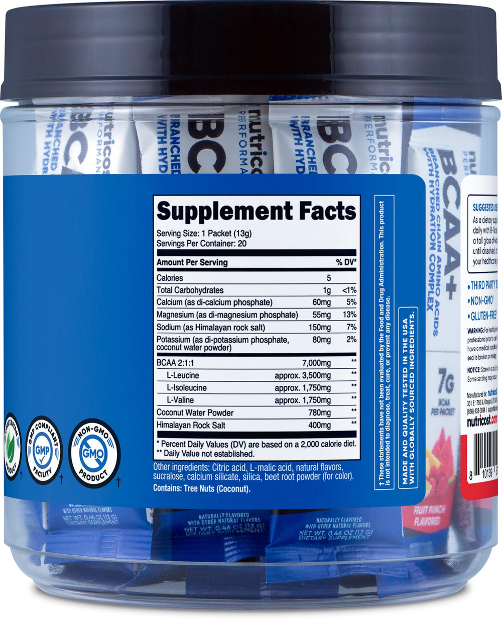 Gluten-Free, Non-GMO Nutricost BCAA+ Hydration Fruit Punch packaging