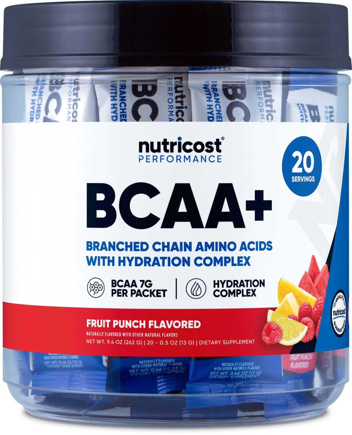 Front view of Nutricost BCAA+ Hydration Fruit Punch stickpack