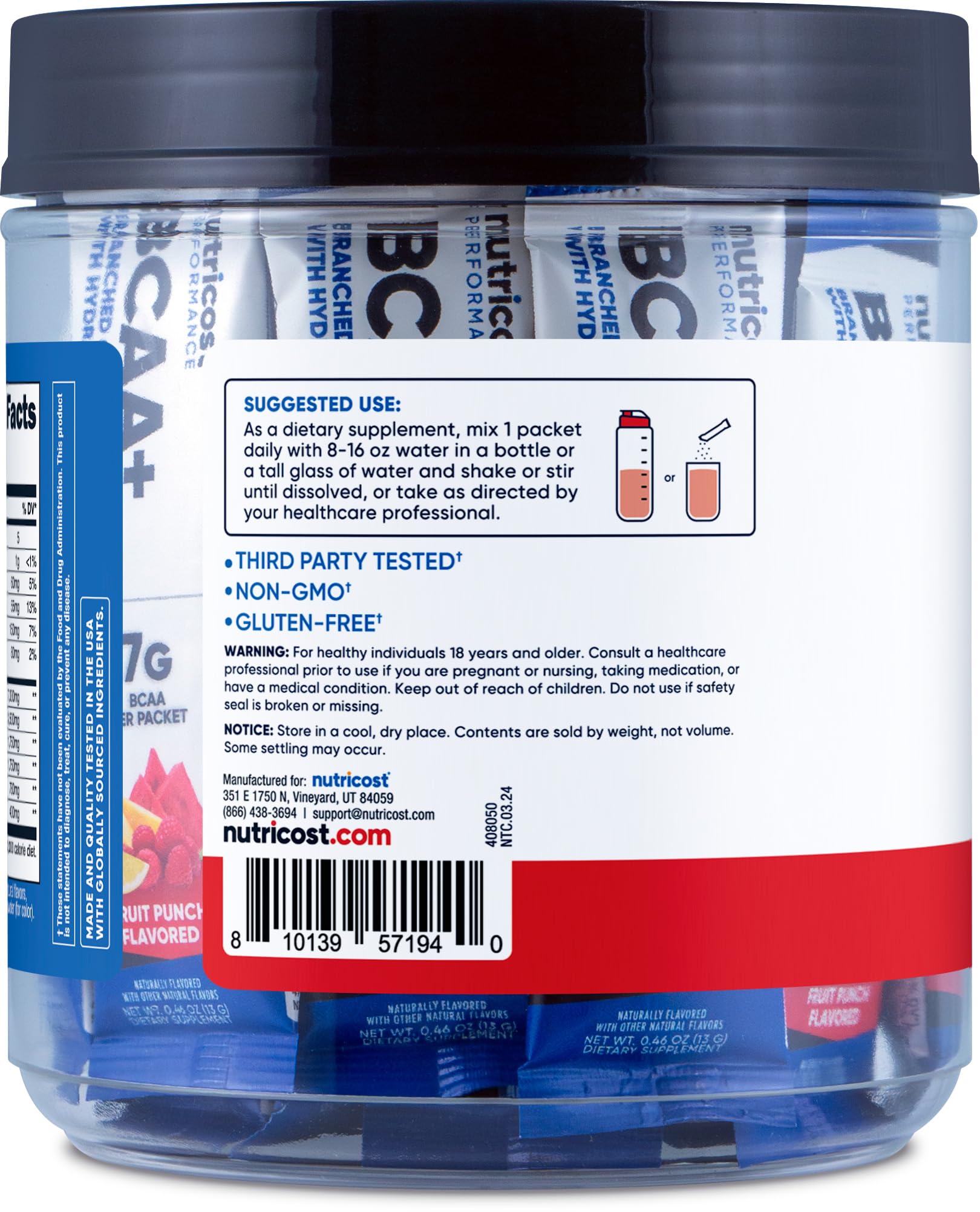 Back packaging of Nutricost BCAA+ Hydration Fruit Punch stickpack