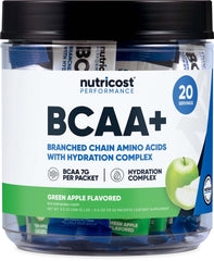 Nutricost BCAA+ Hydration Green Apple flavor container with 20 stickpacks