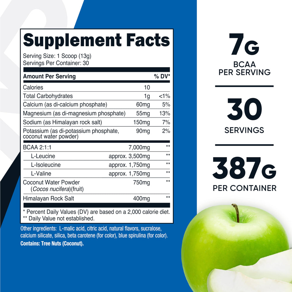 Close-up showing 7g BCAAs per serving on label
