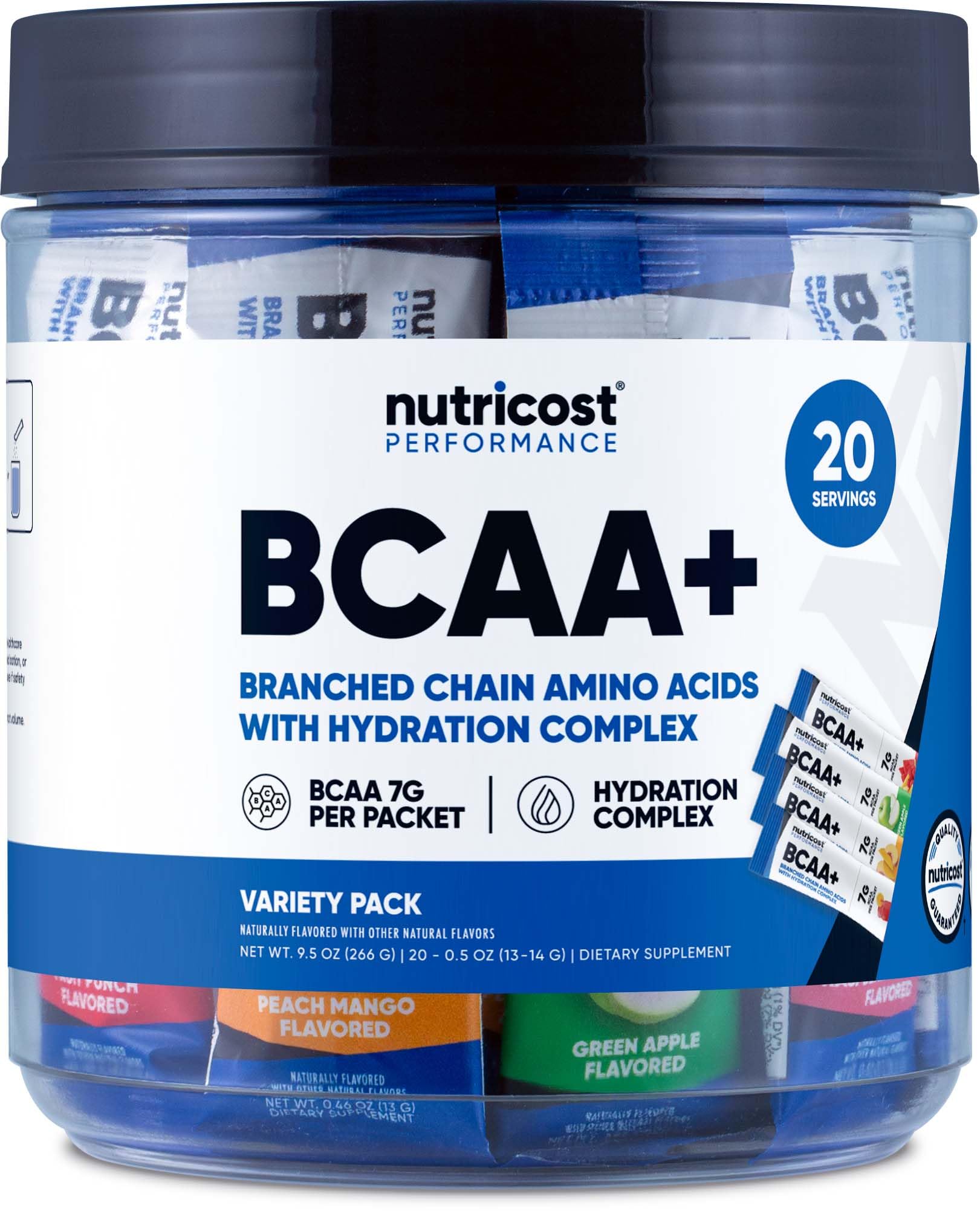Nutricost BCAA+ Hydration Variety Pack - front view with 20-stickpack box