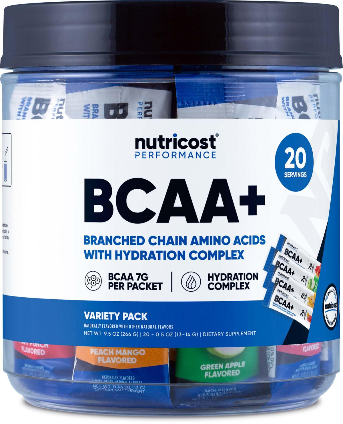Nutricost BCAA+ Hydration Variety Pack - front view with 20-stickpack box