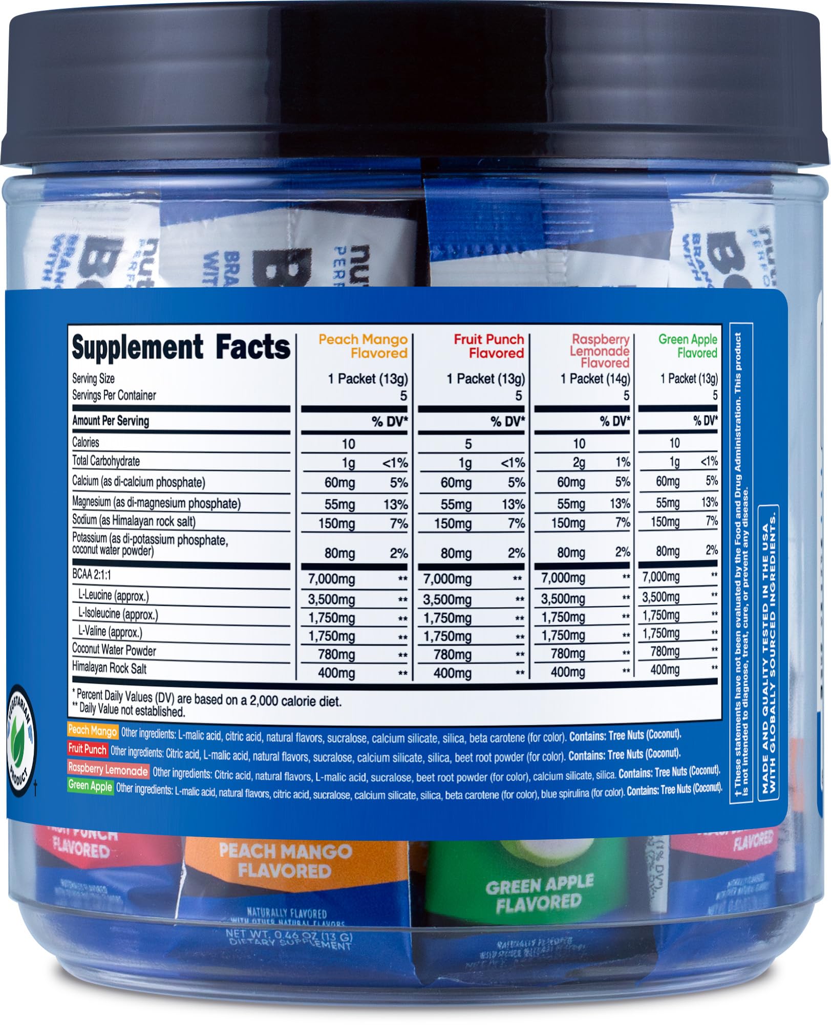 Nutrition label and gluten-free, non-GMO certifications on Nutricost BCAA+ Hydration Variety Pack