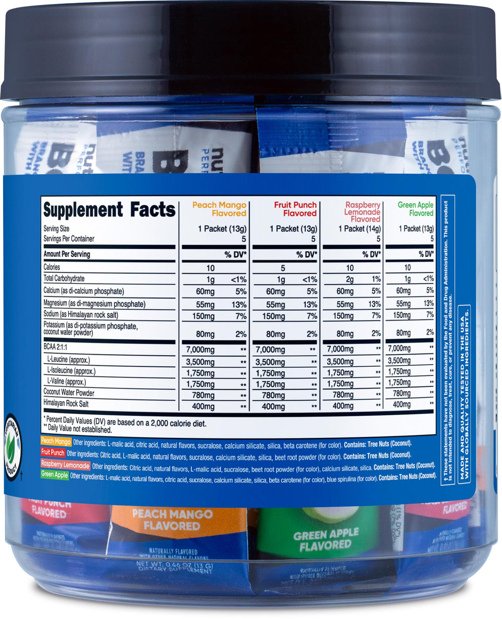 Nutrition label and gluten-free, non-GMO certifications on Nutricost BCAA+ Hydration Variety Pack