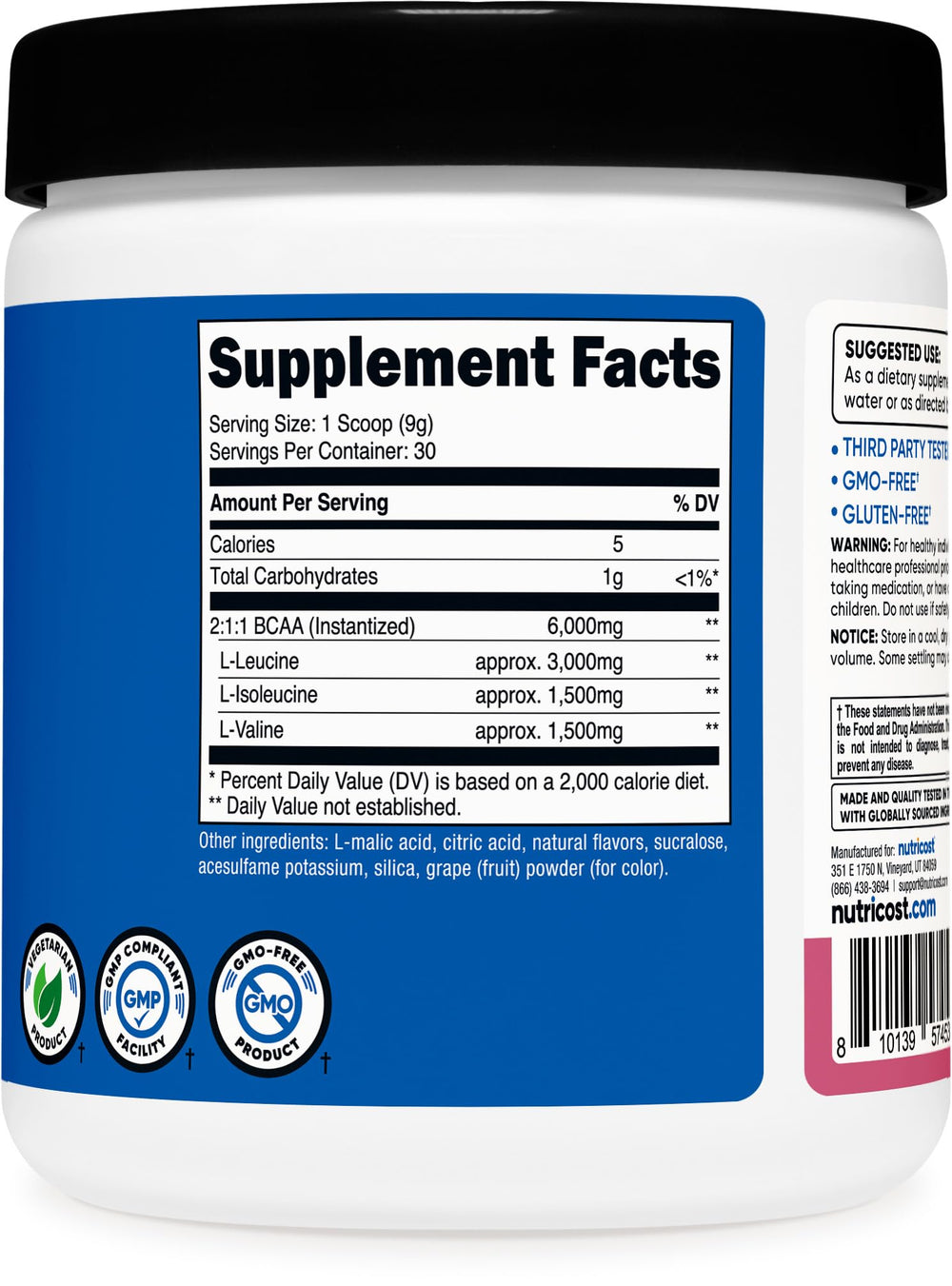 Nutricost BCAA powder packaging with label in a lifestyle setting