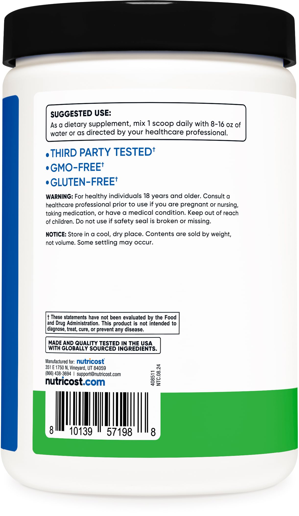 Nutricost scoop with powder beside bottle showing serving size and simple dosing