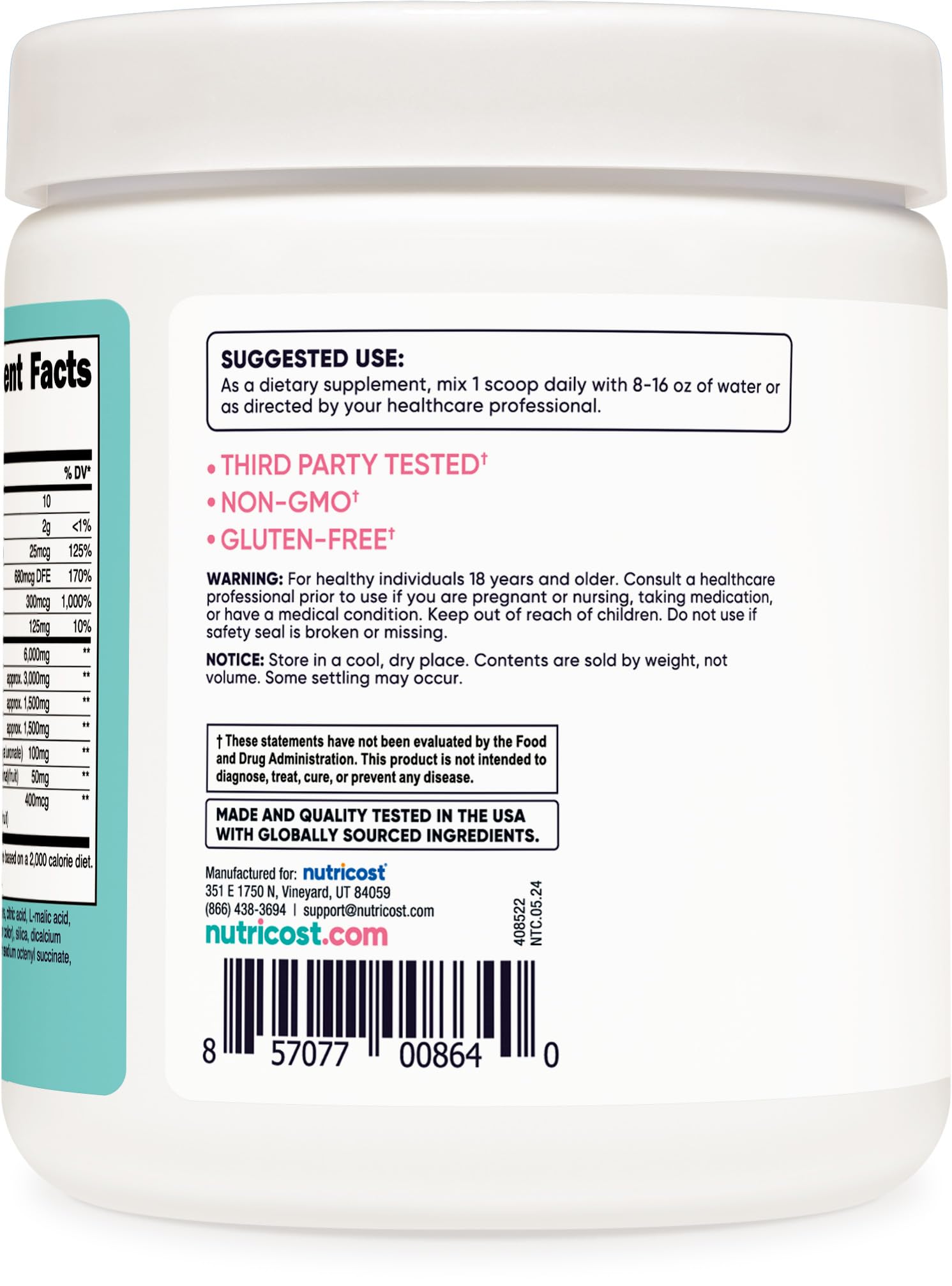 Icons showing Non-GMO, Vegetarian, Gluten Free and third-party tested