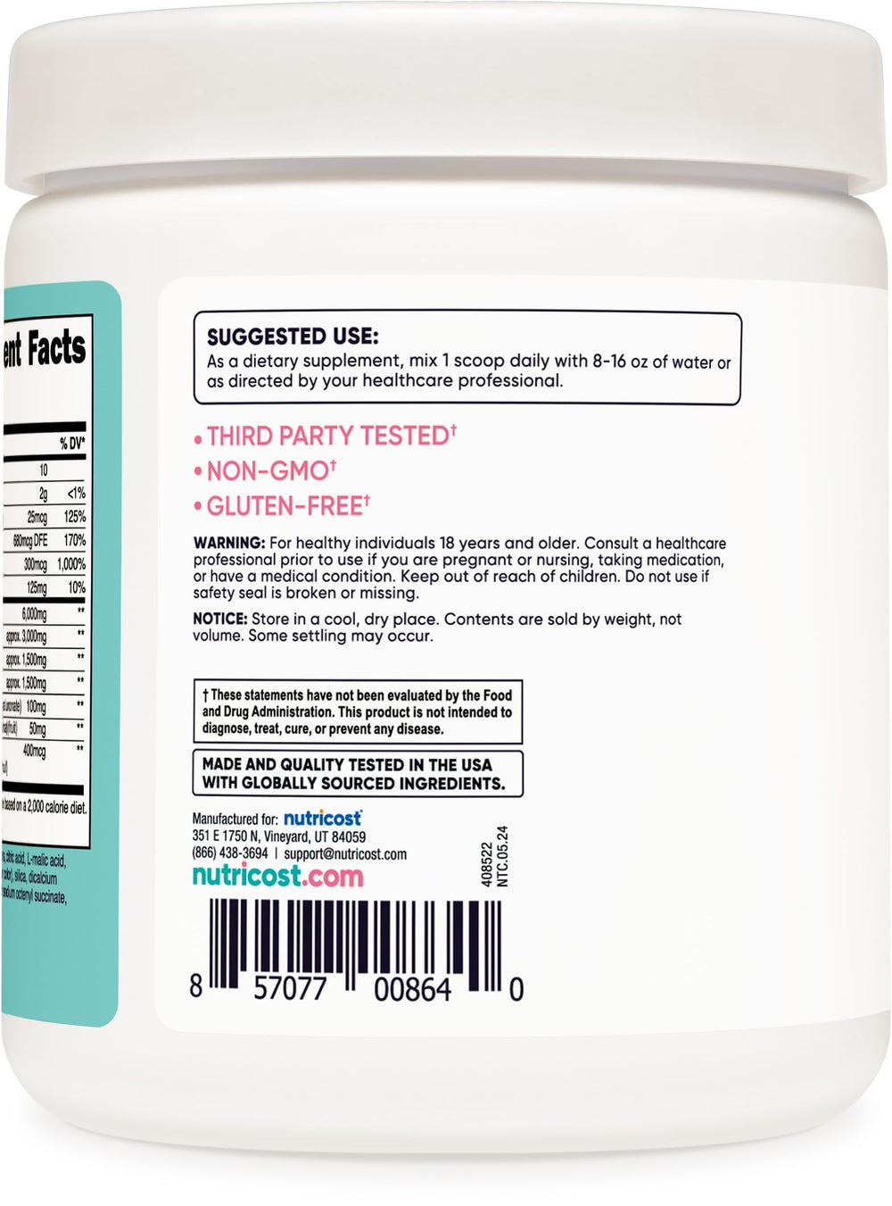 Icons showing Non-GMO, Vegetarian, Gluten Free and third-party tested