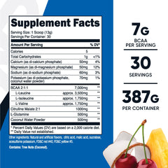 Back label with supplement facts for Nutricost BCAA + Hydration Tropical Punch