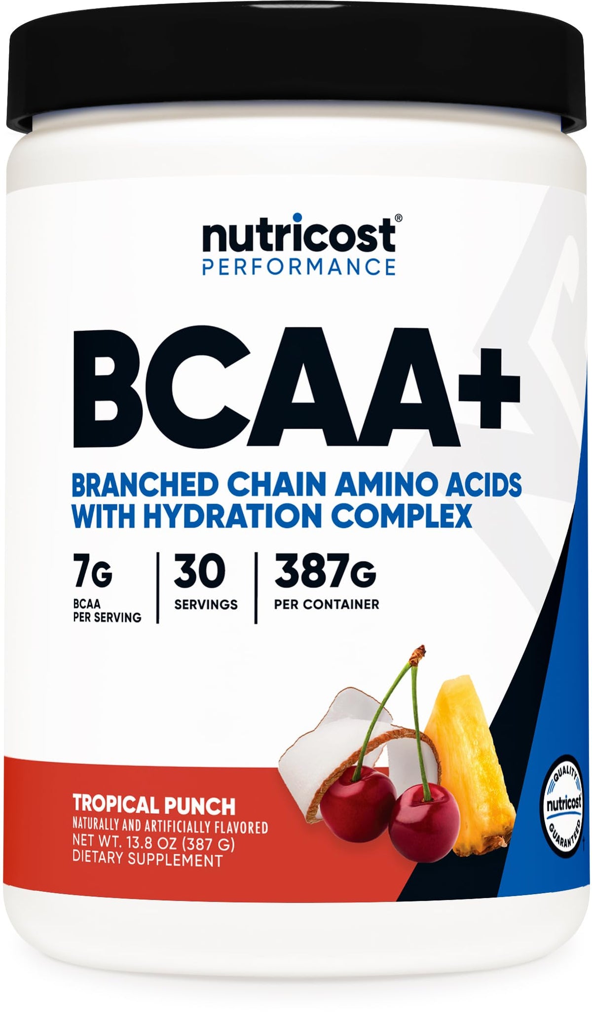 Front view of Nutricost BCAA + Hydration Powder Tropical Punch bottle