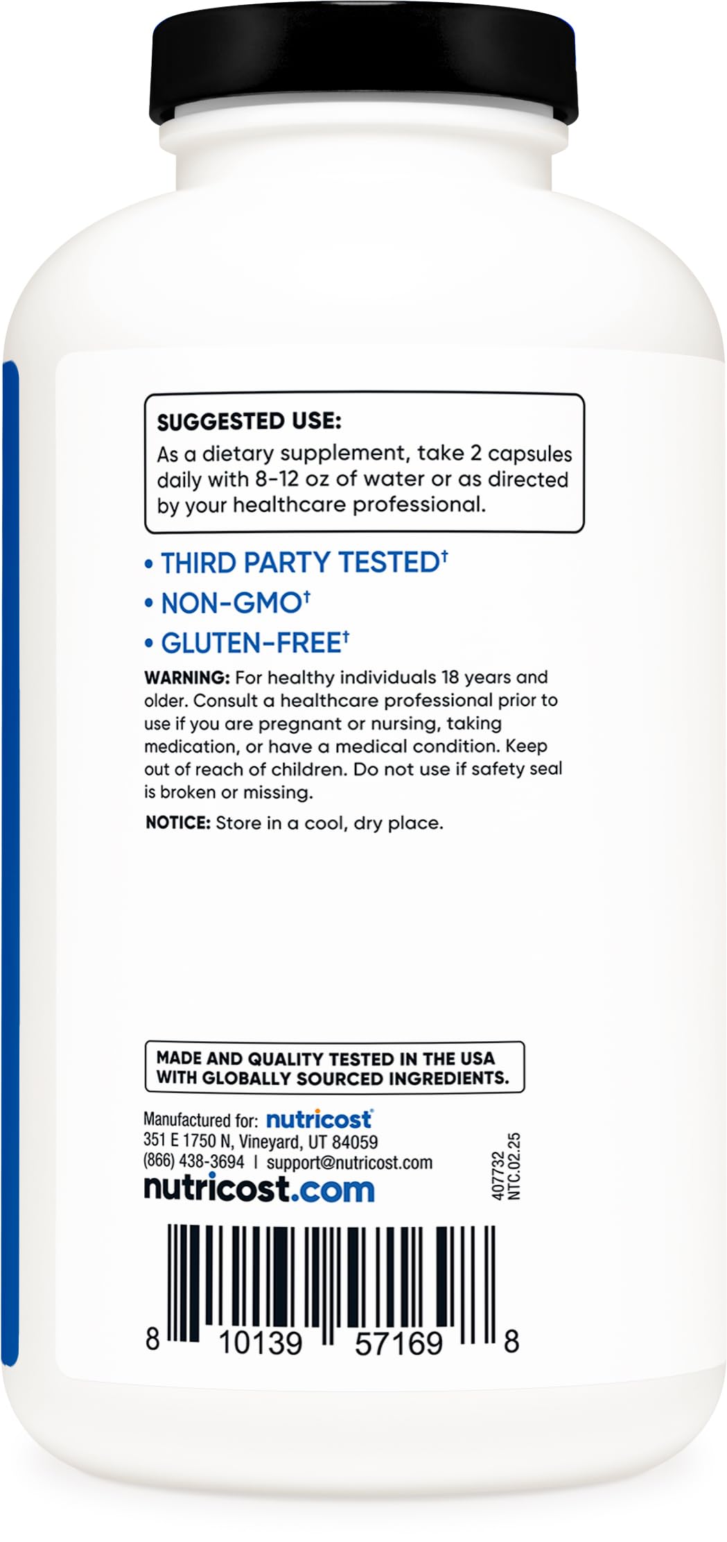 Non-GMO and gluten-free packaging indicators on Nutricost BCAA