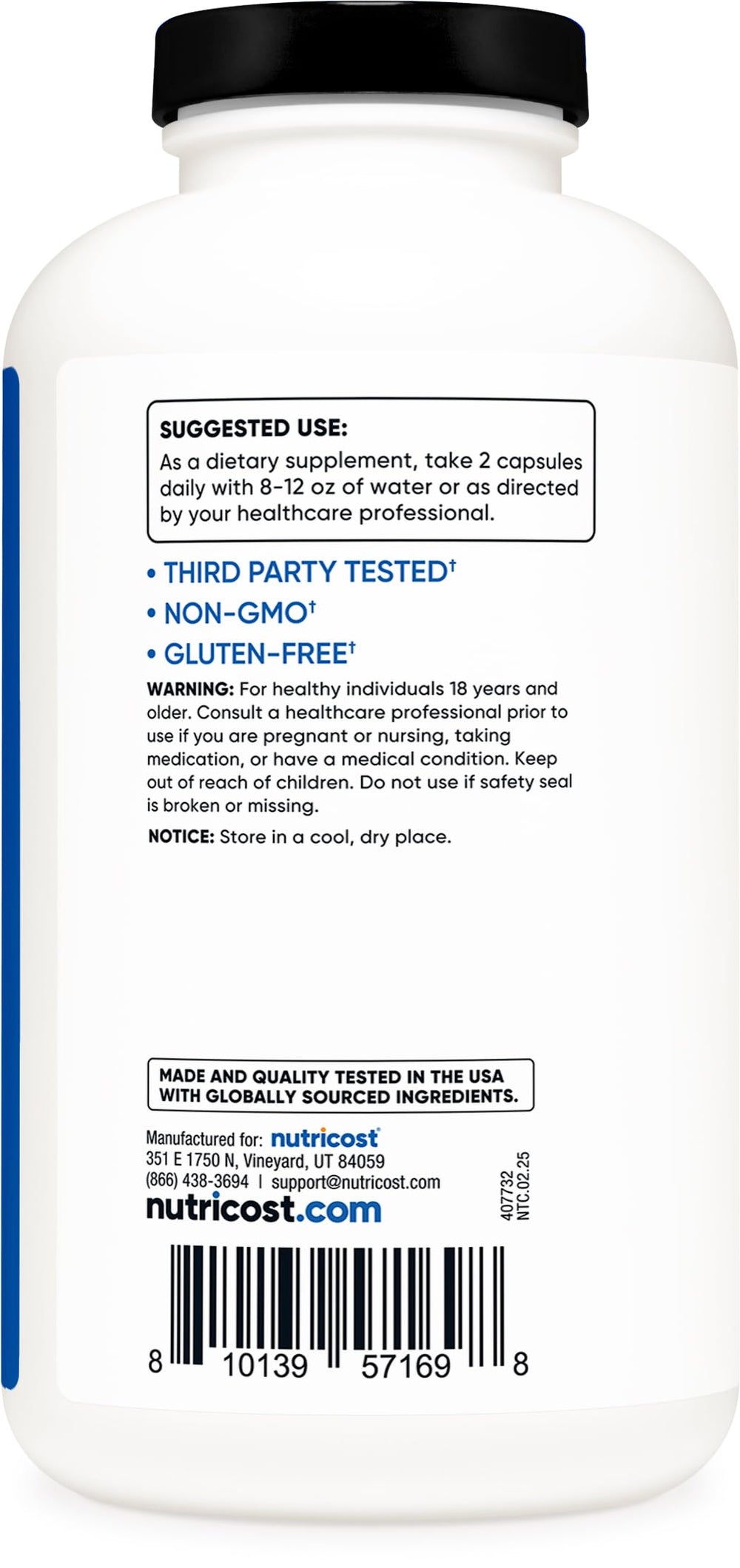Non-GMO and gluten-free packaging indicators on Nutricost BCAA