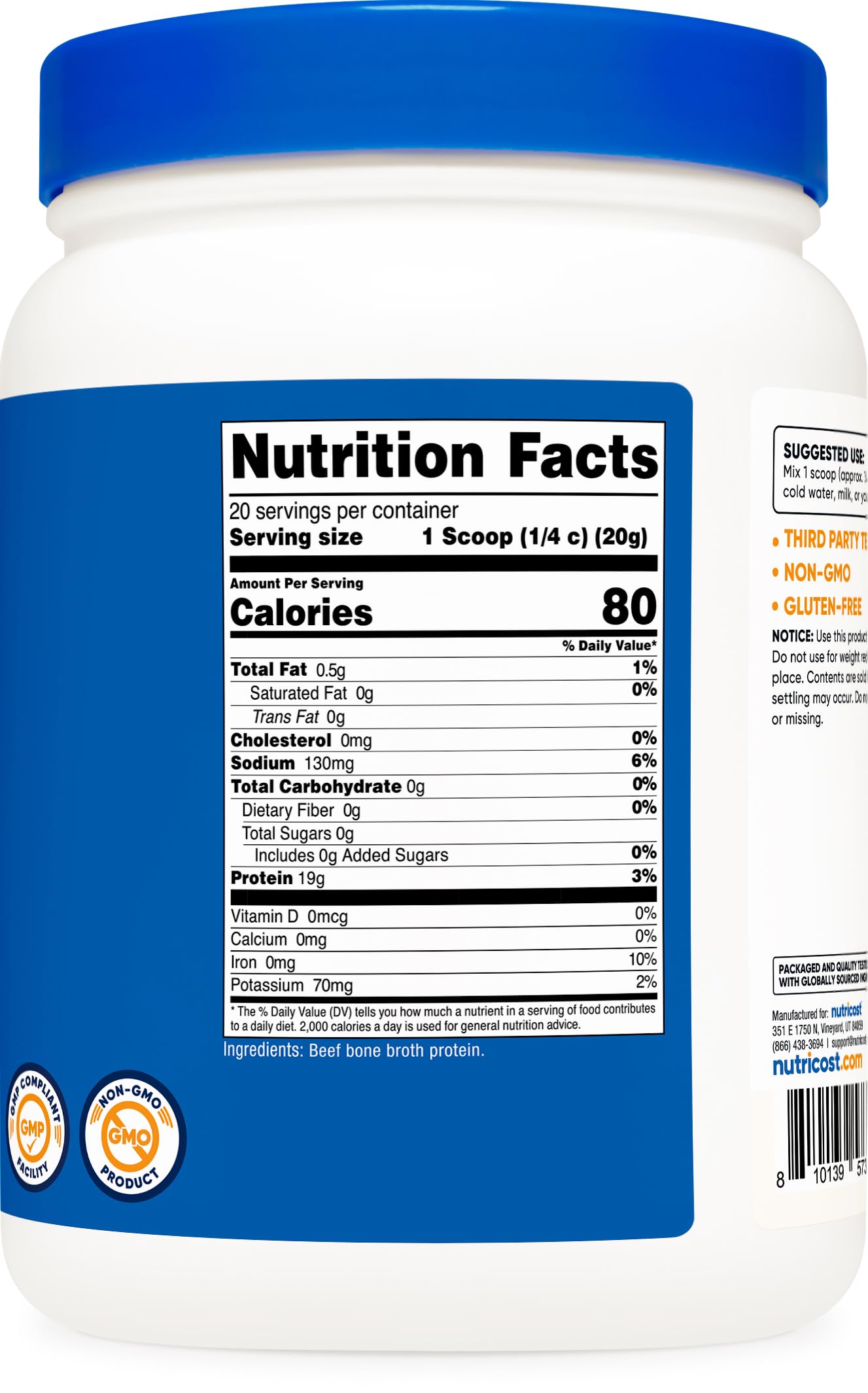 Nutricost label emphasizes GMP-certified, third-party tested quality