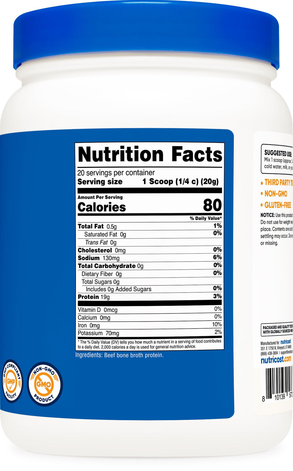 Nutricost label emphasizes GMP-certified, third-party tested quality