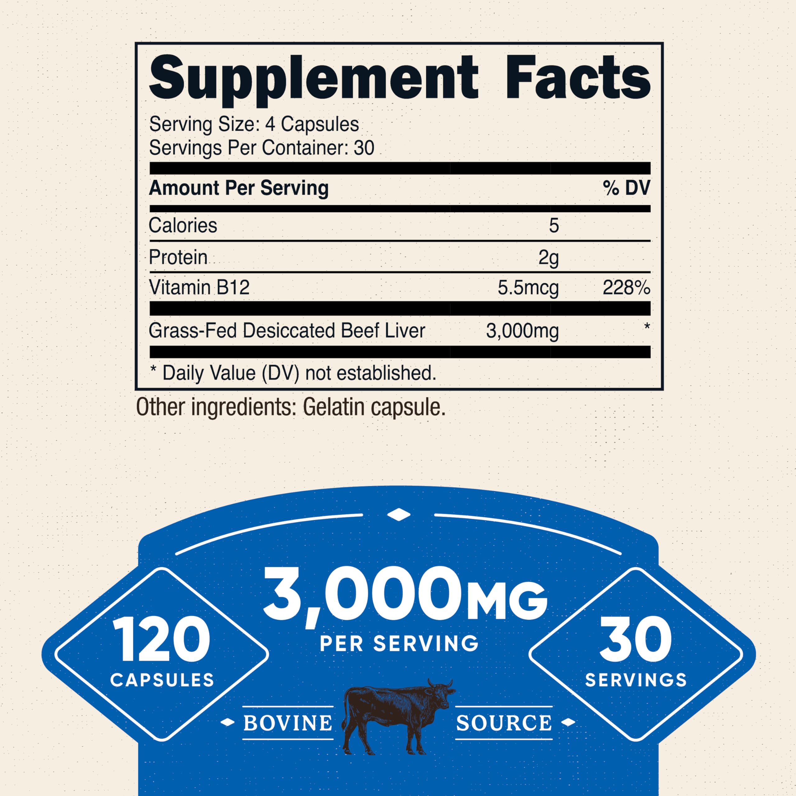 Close-up of beef liver capsule showing 750 mg per capsule