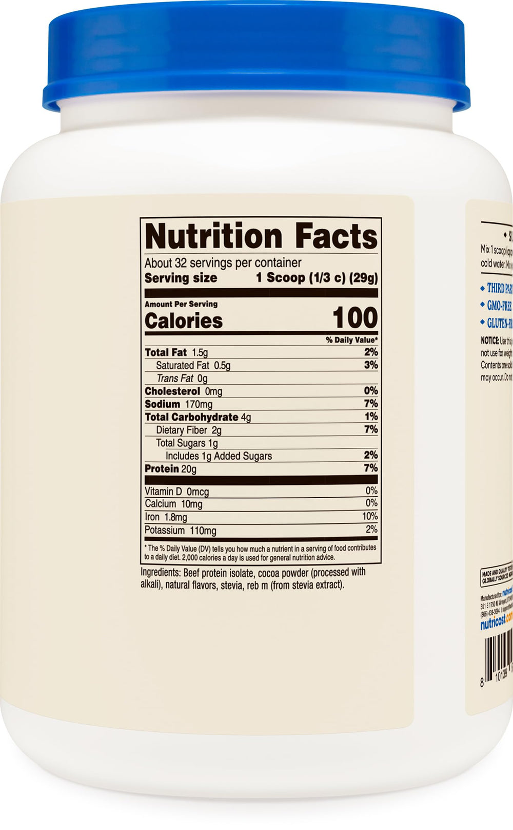 Nutricost beef protein isolate powder chocolate facility certifications badge communicates quality standards.