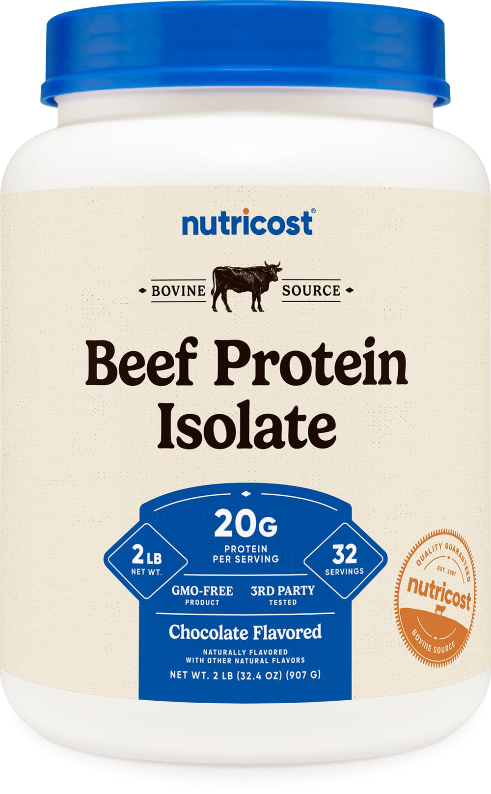 Nutricost beef protein isolate powder chocolate front label highlighting gluten-free, GMO-free formula.