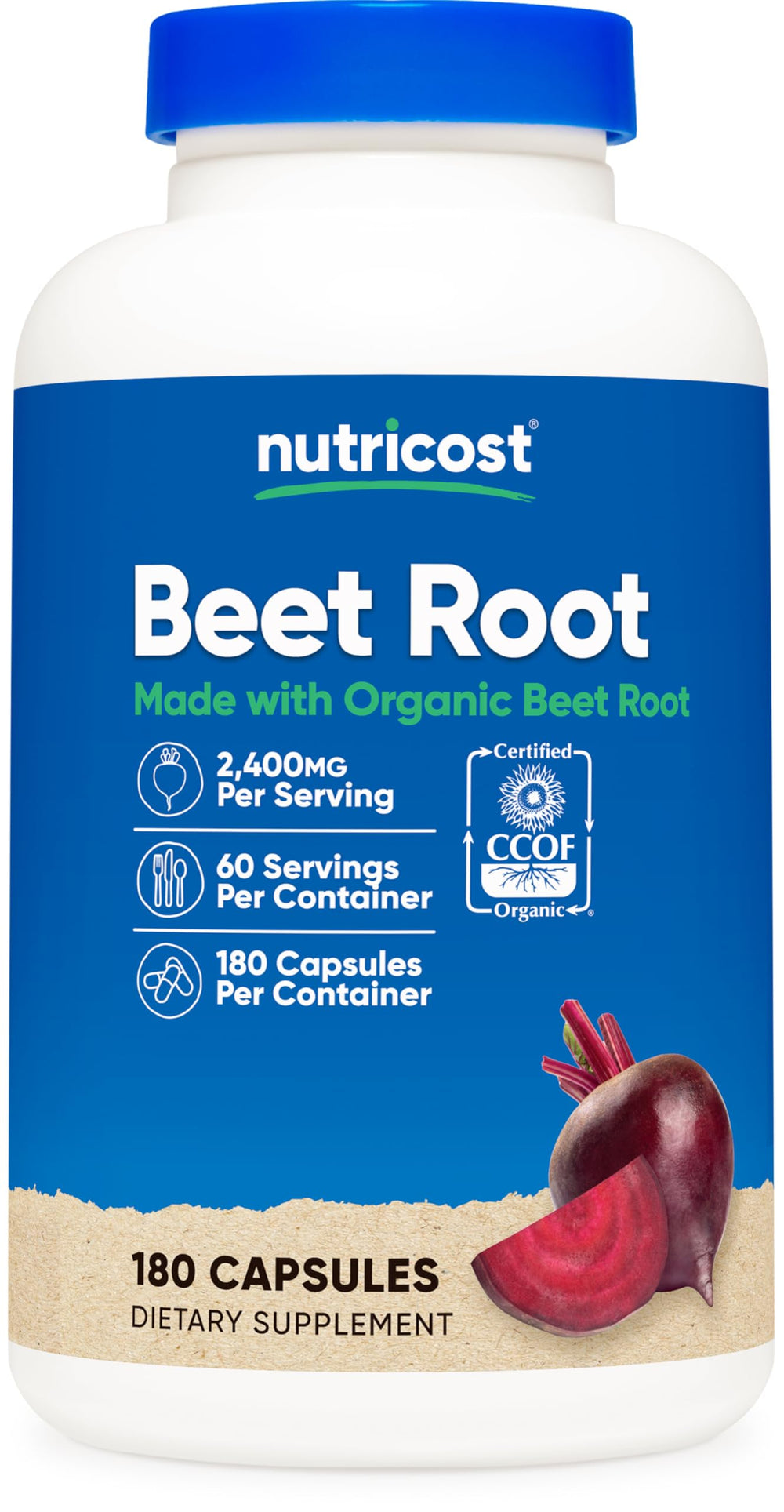 Packshot of Nutricost Beet Root 2400mg 180 capsules with CCOF certification