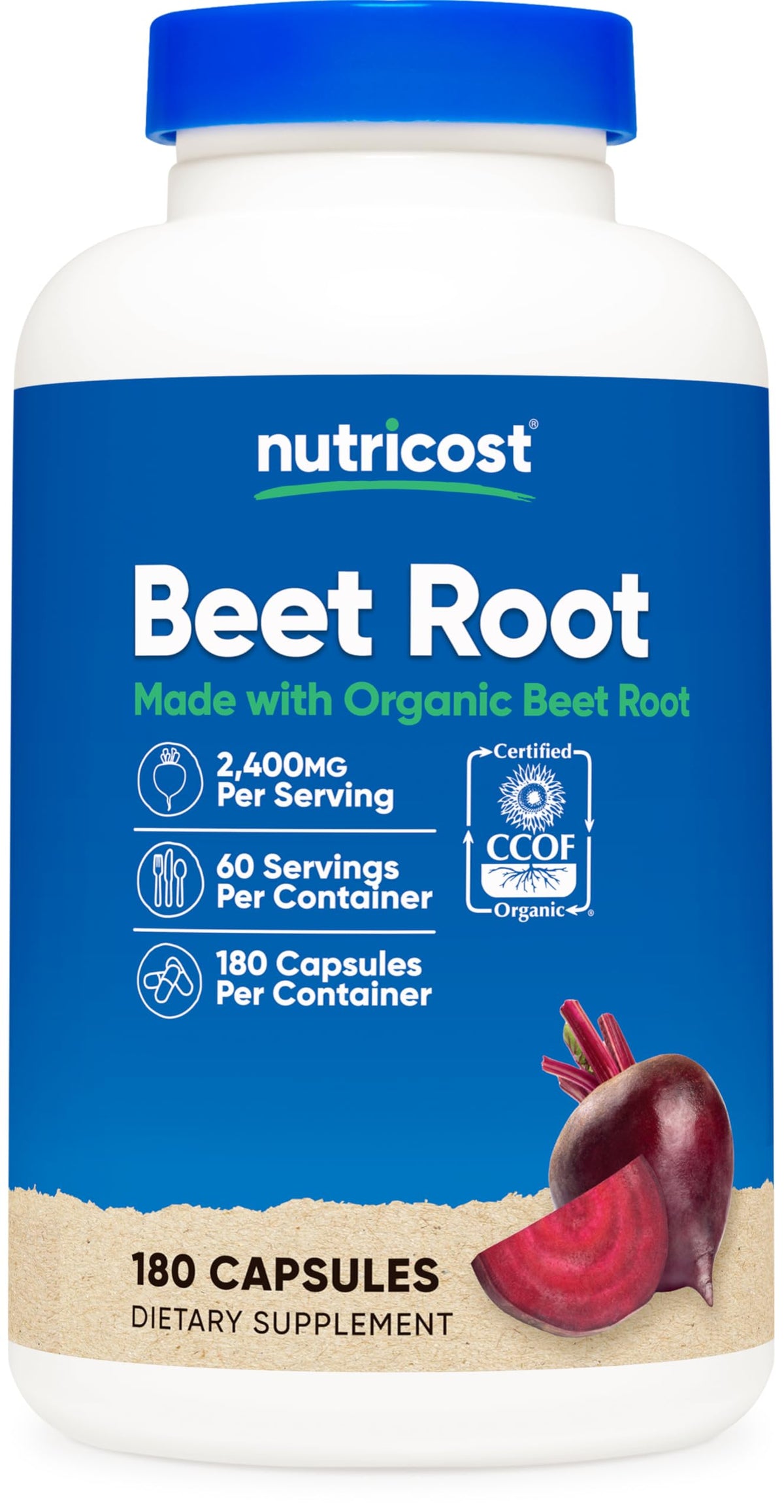 Packshot of Nutricost Beet Root 2400mg 180 capsules with CCOF certification