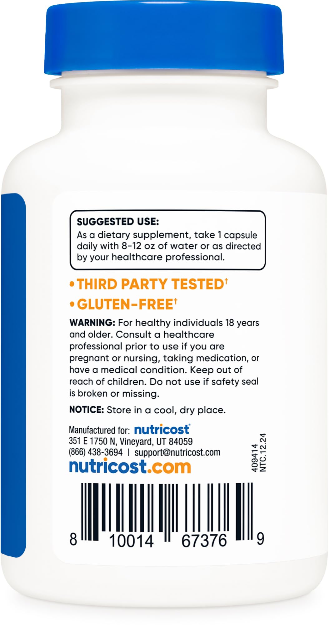 Supplement facts label on Nutricost bottle