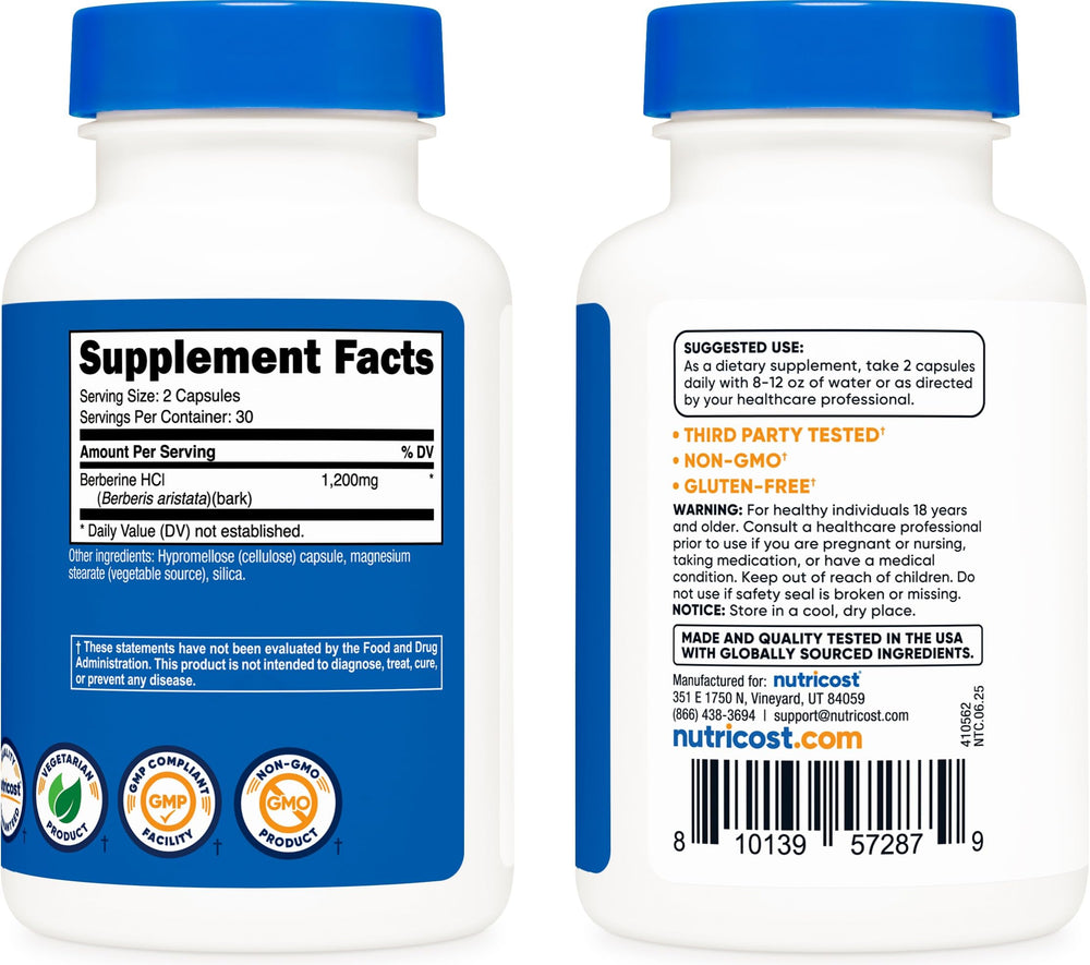 Front view of Nutricost Berberine HCl 1200mg bottle