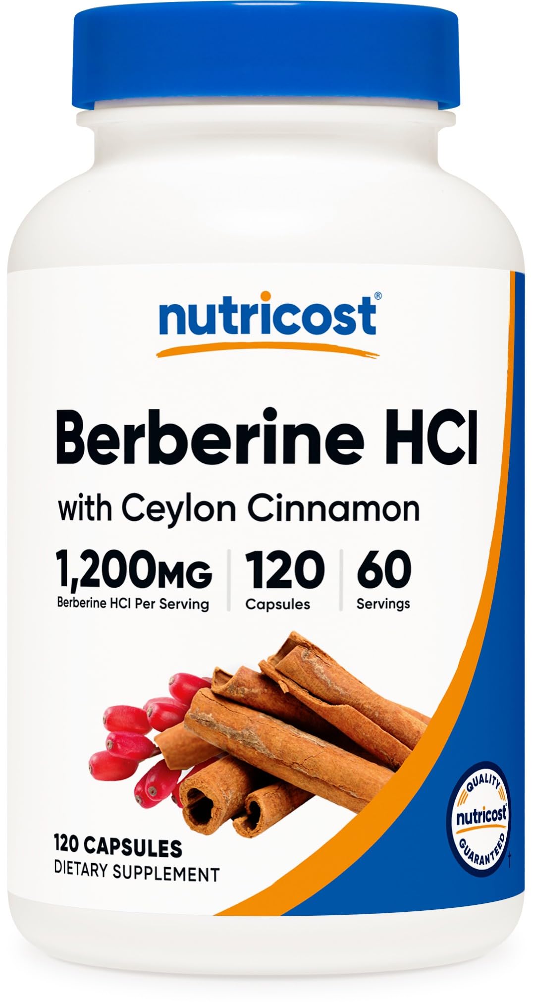 Bottle of Nutricost Berberine HCl with Ceylon Cinnamon capsules - front view