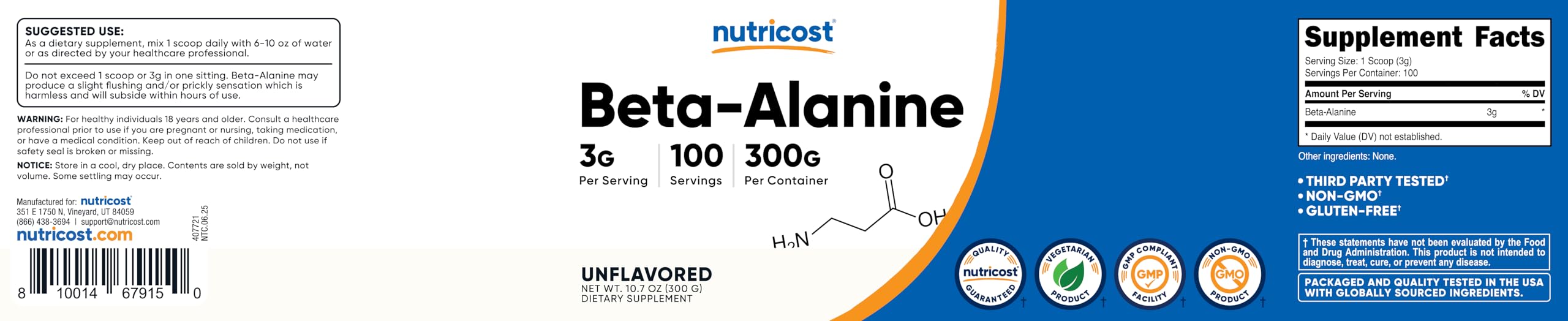 Close-up of Nutricost Beta-Alanine powder bottle label