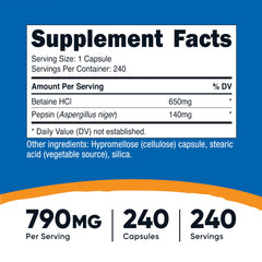 Back label of Nutricost Betaine HCl + Pepsin 790mg 240 capsules