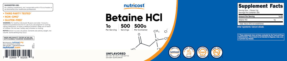 Supplement facts panel for Betaine HCl powder