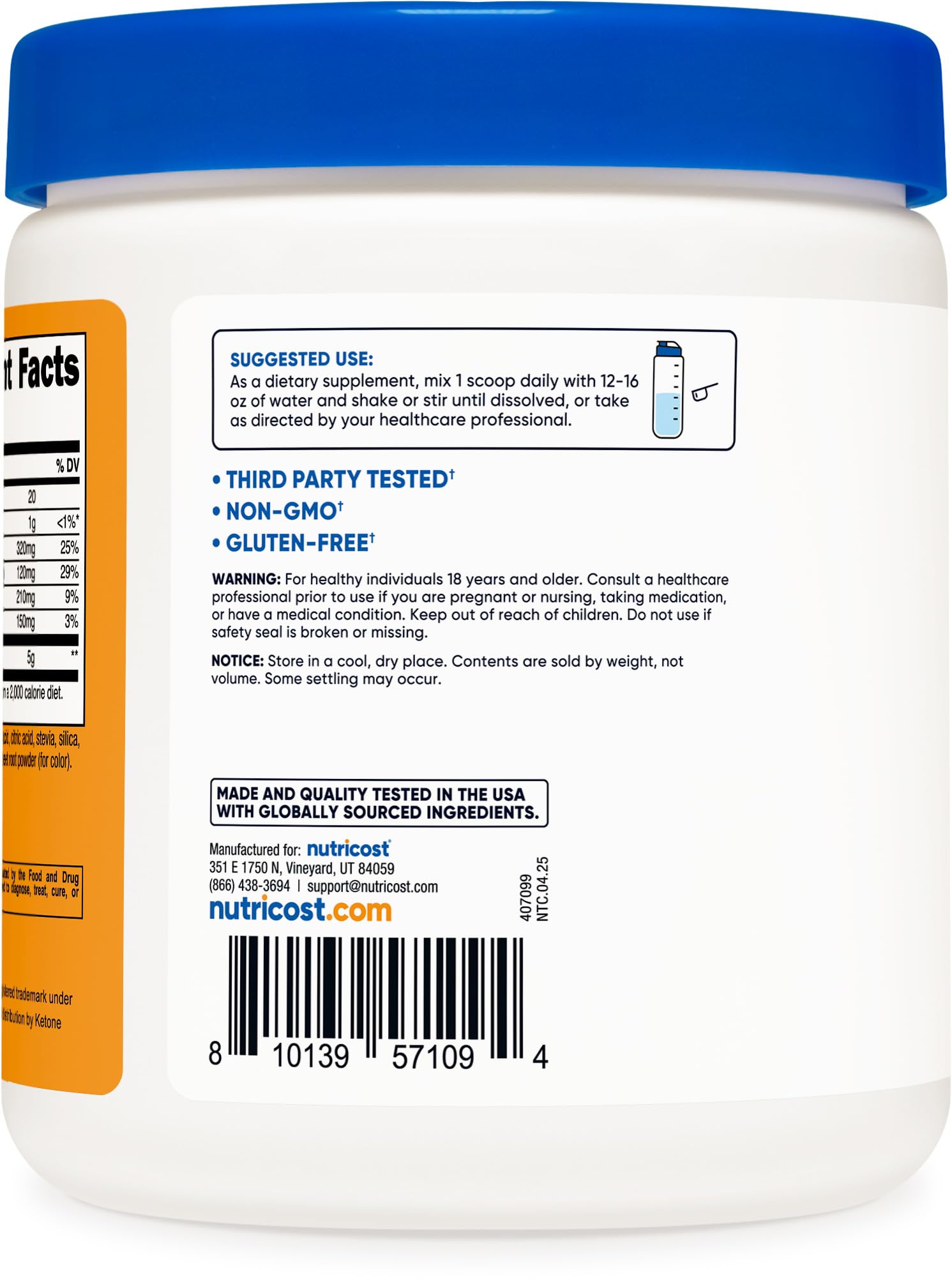 Nutricost BHB Salts Drink Mix ingredients graphic communicates vegetarian-friendly formula.