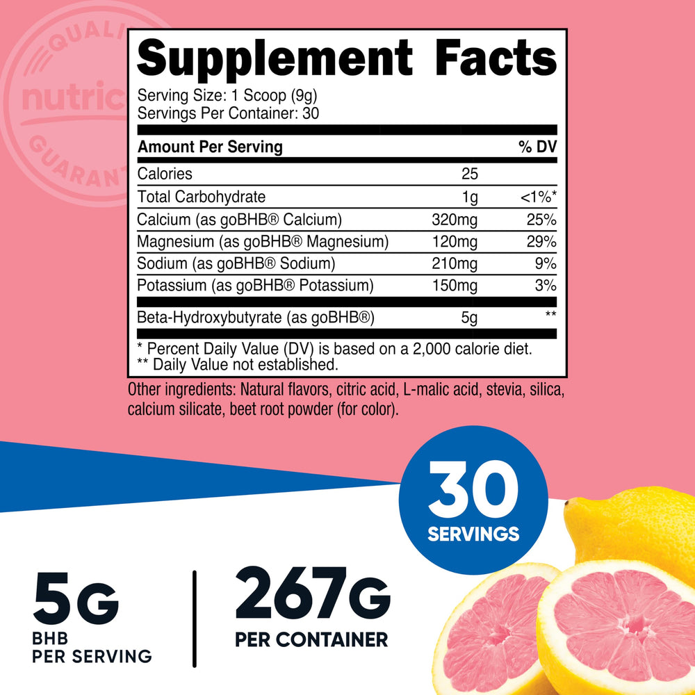 Serving scoop of Nutricost BHB Salts Drink Mix in Strawberry Lemonade flavor