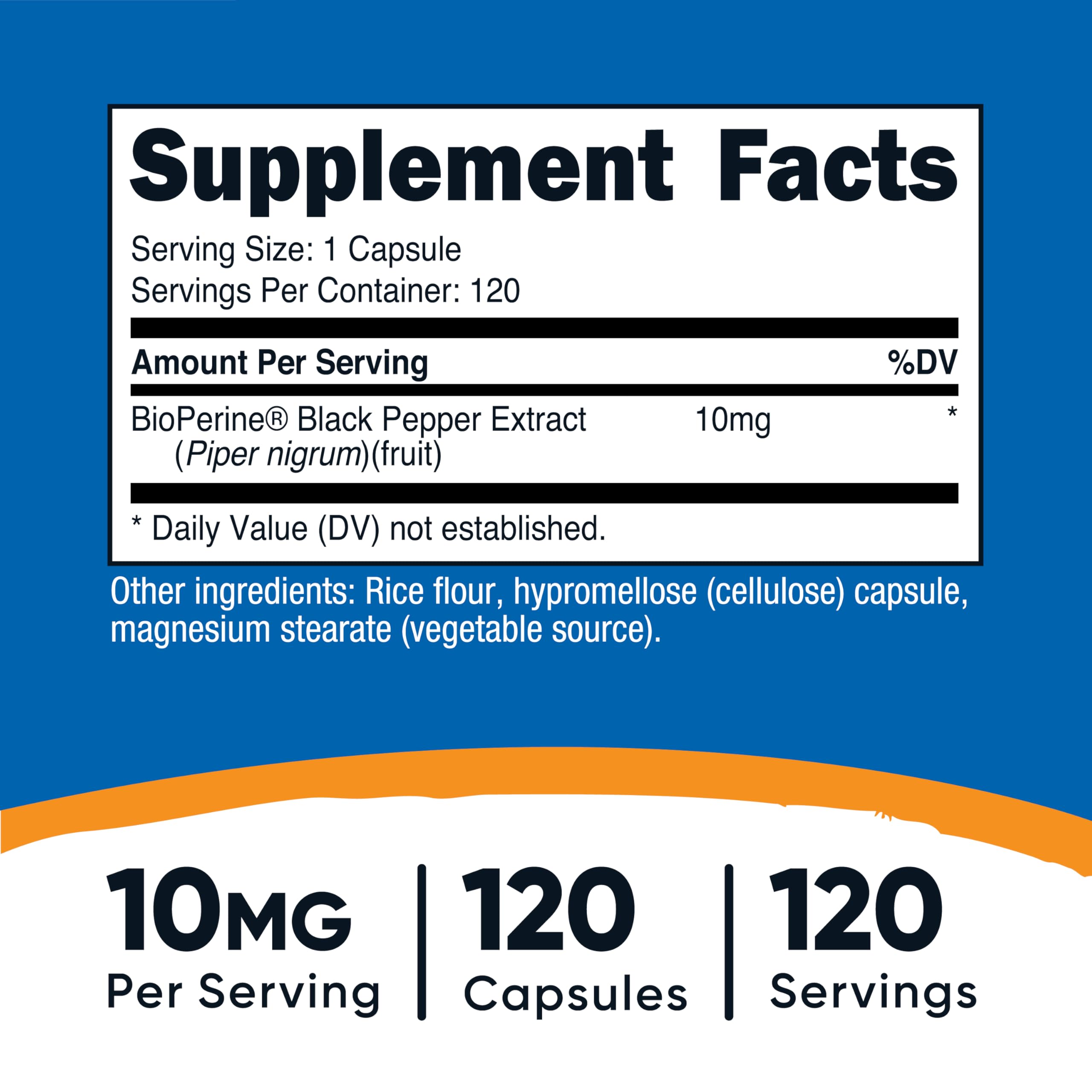 Close-up of Bioperine 10mg per serving label