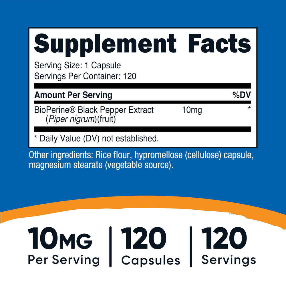 Close-up of Bioperine 10mg per serving label