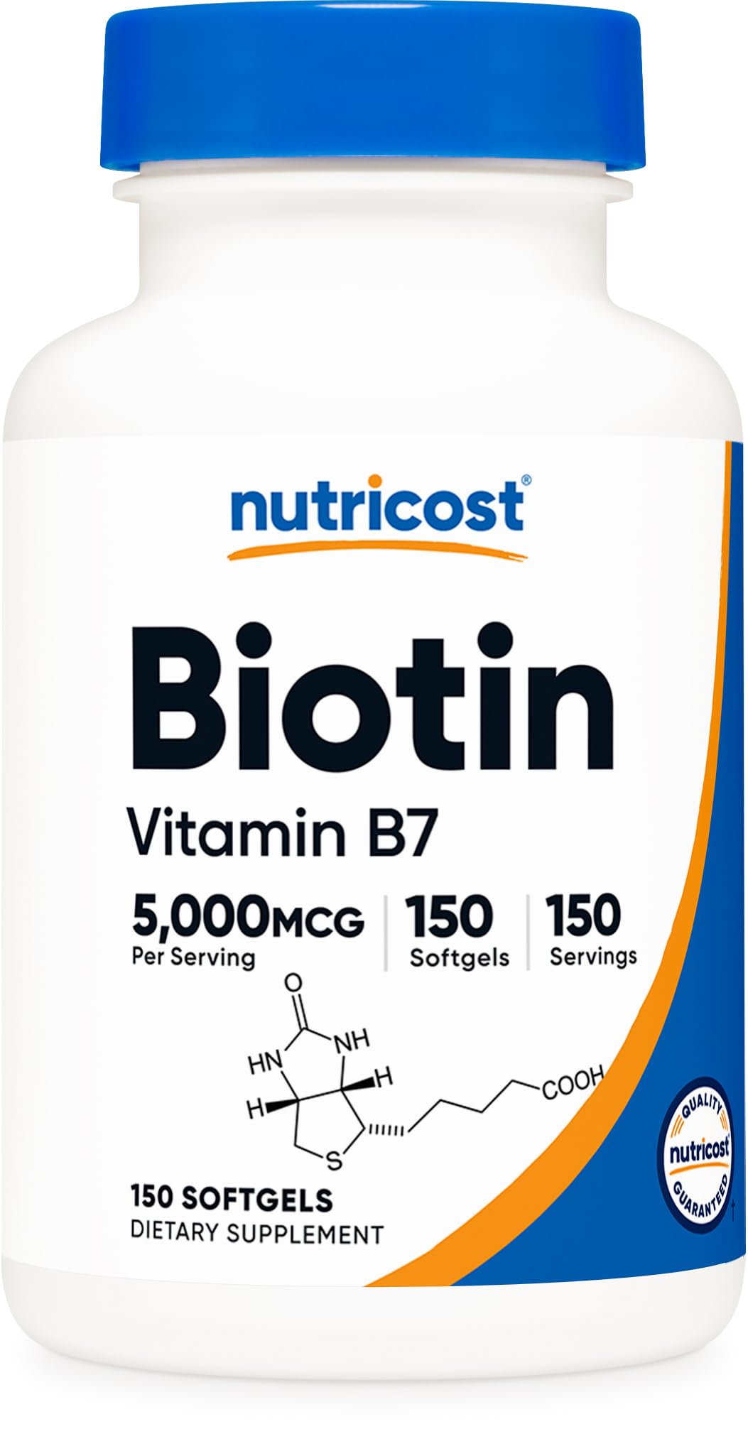 Nutricost Biotin 5,000 mcg softgels bottle close-up