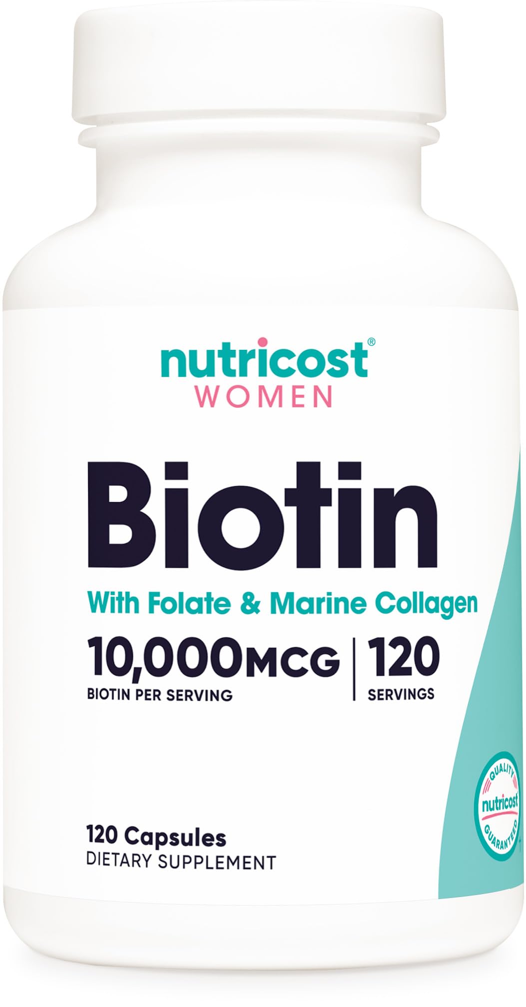 Nutricost Biotin for Women bottle label 10,000 mcg, 120 capsules
