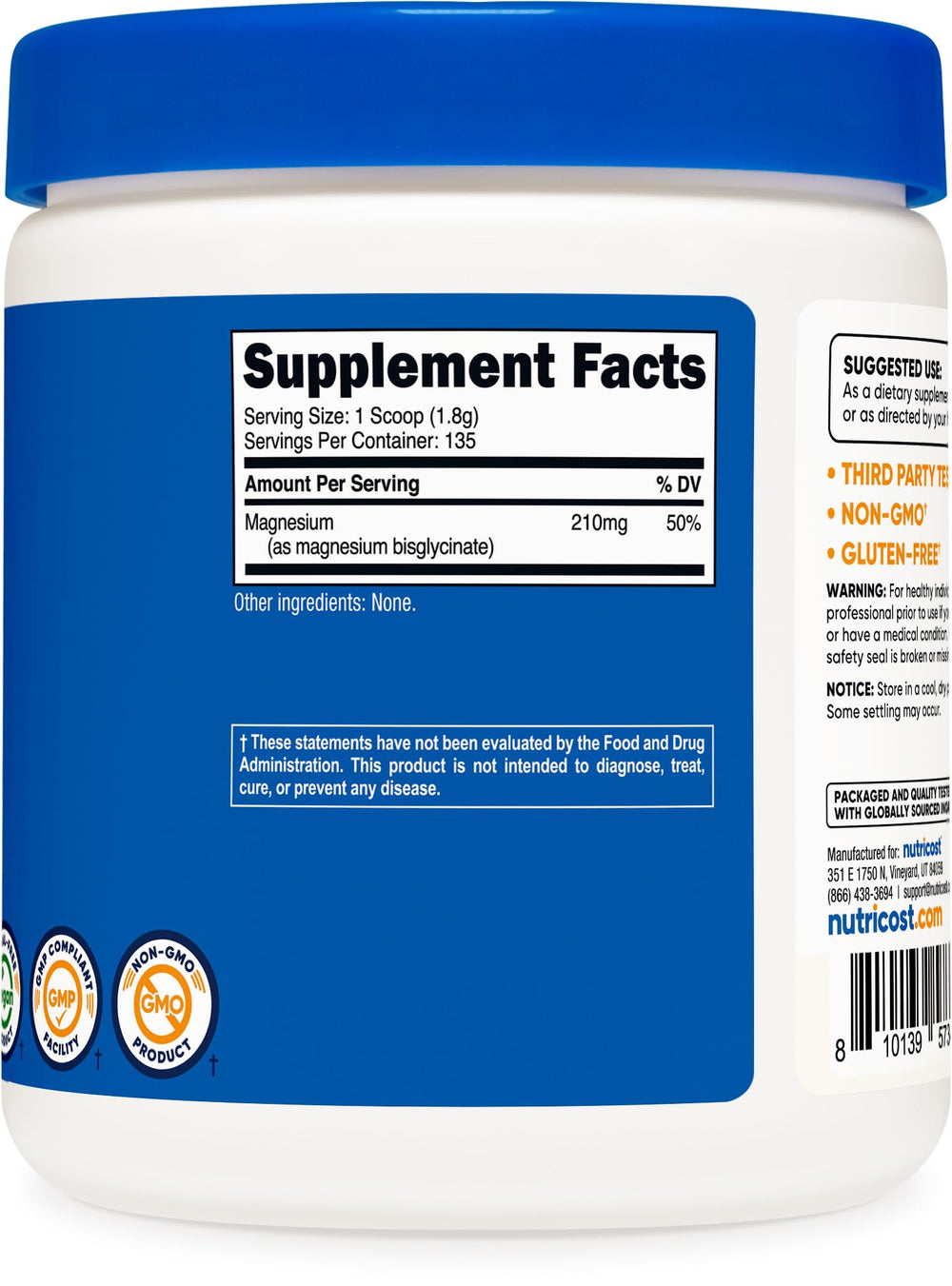 Non-GMO, vegan-friendly, gluten-free magnesium supplement with scoop