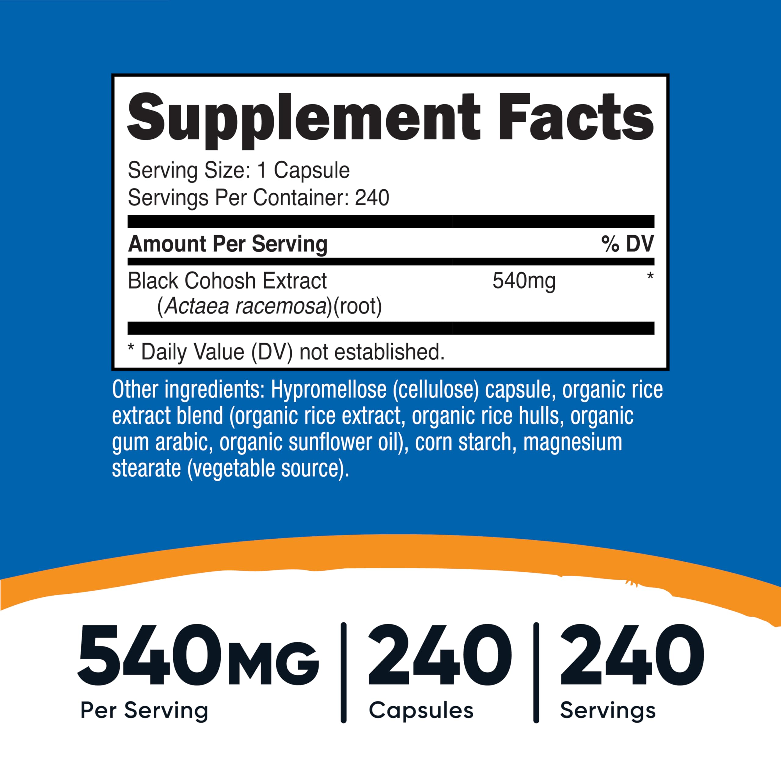 Back label showing supplement facts on Nutricost Black Cohosh bottle