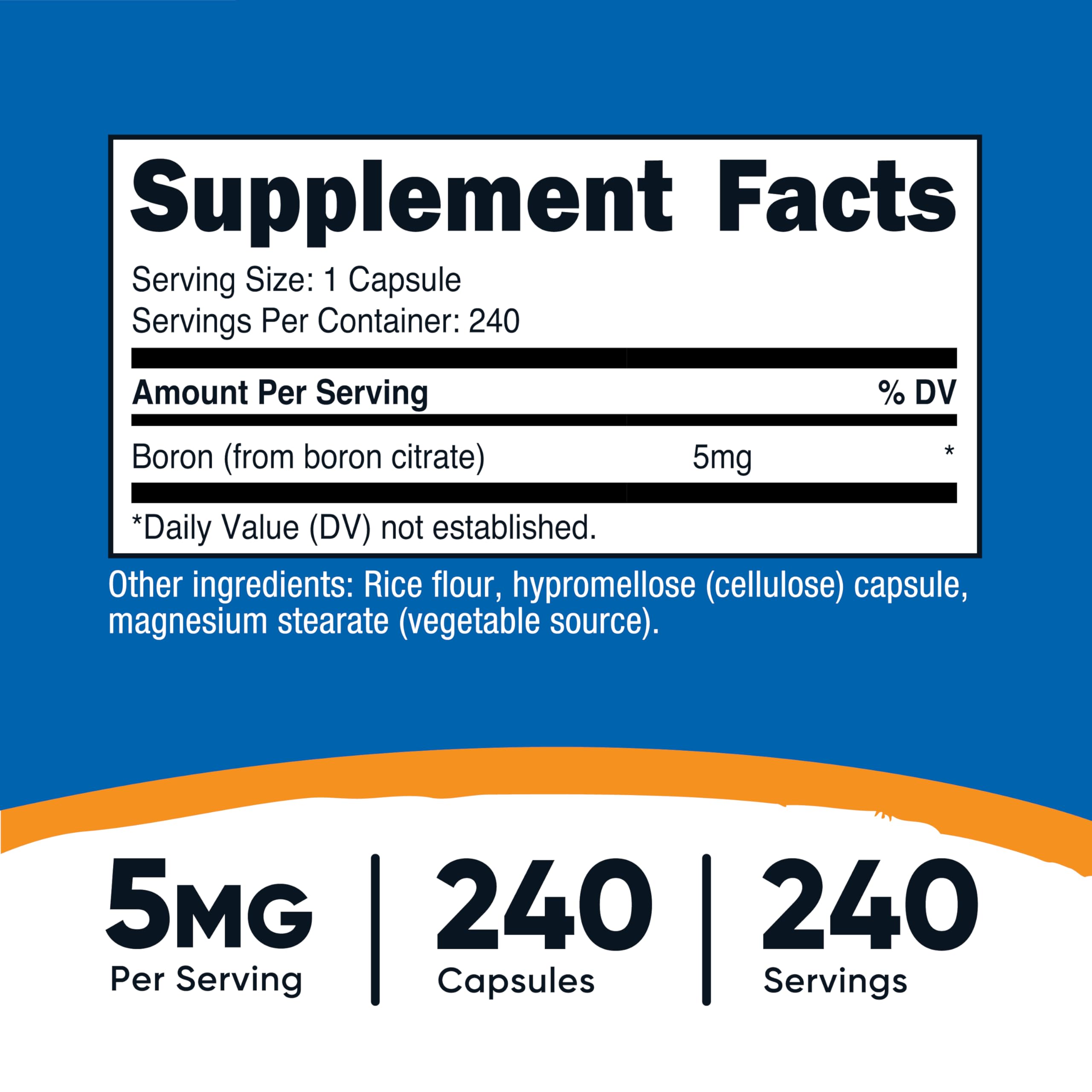 Close-up of Nutricost Boron 5mg bottle label showing 240 capsules