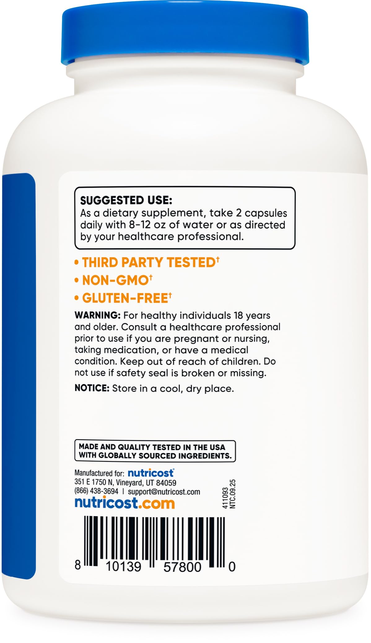 Nutricost bottle opened with capsules visible to emphasize bottle count and convenience