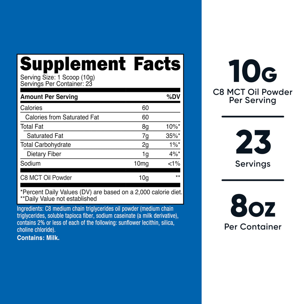 Close-up of nutrition facts on Nutricost C8 MCT Oil Powder label