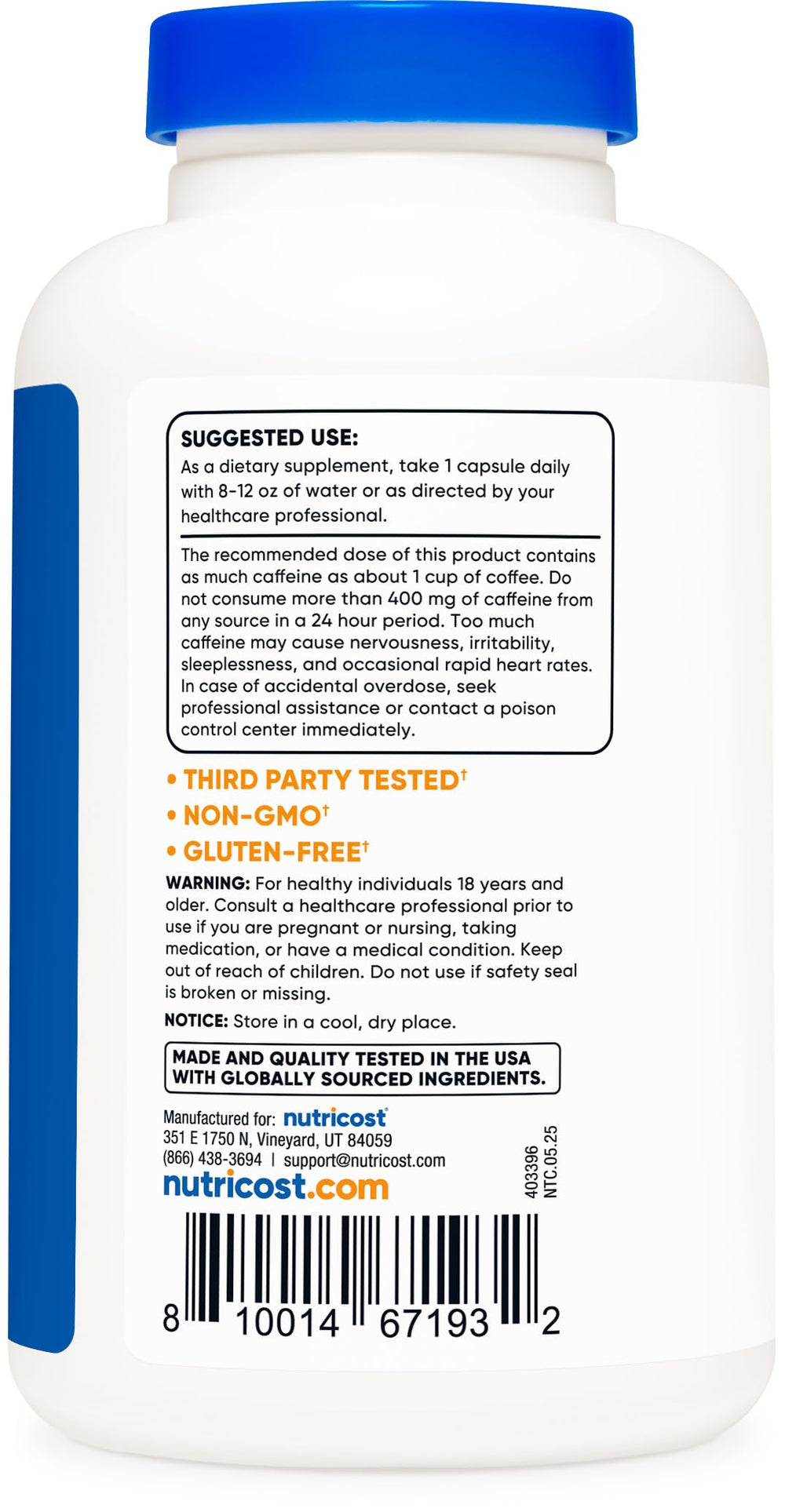 Non-GMO and gluten-free Nutricost supplement information