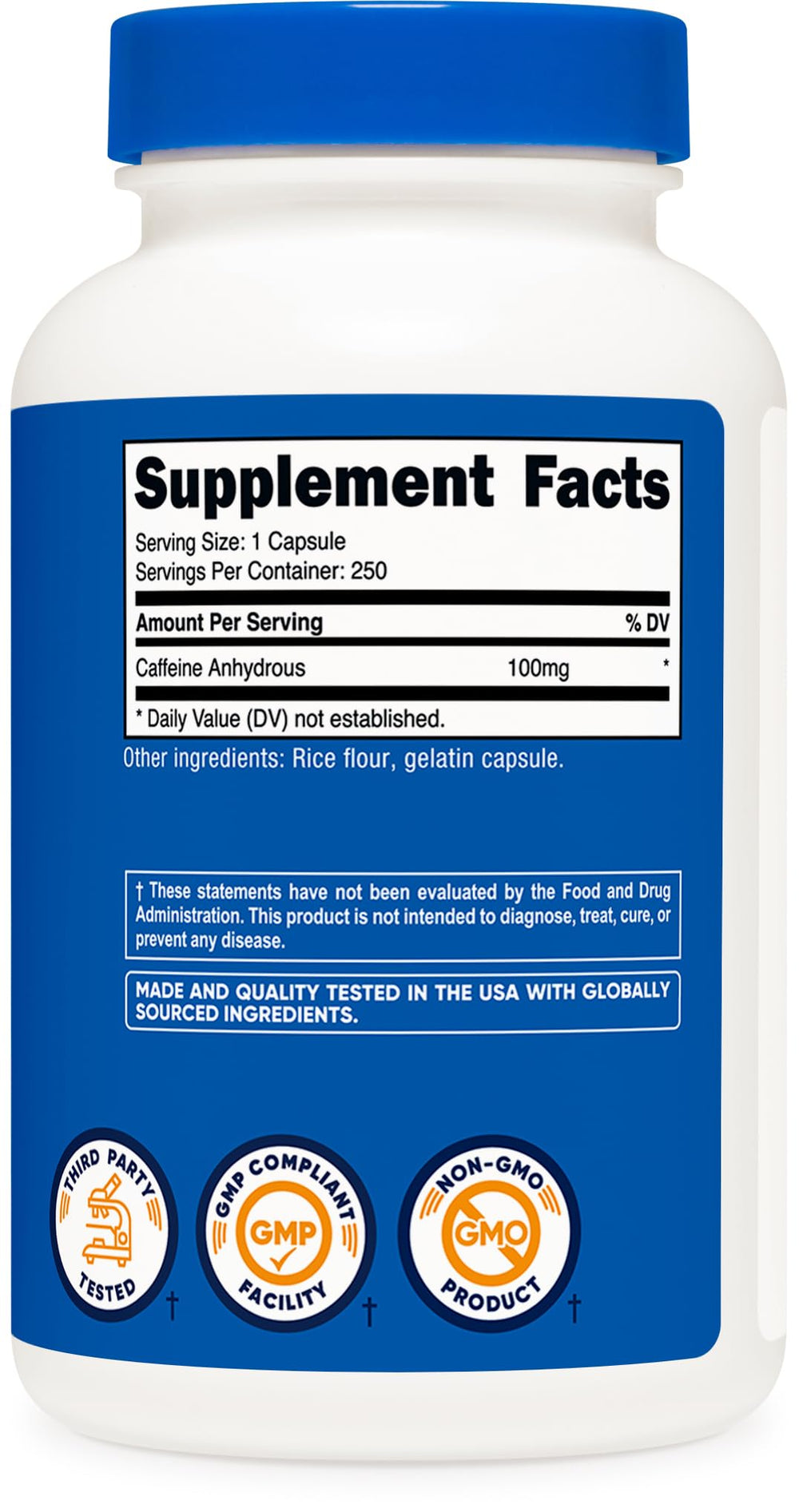 ISO-accredited third-party testing seal on Nutricost caffeine capsules