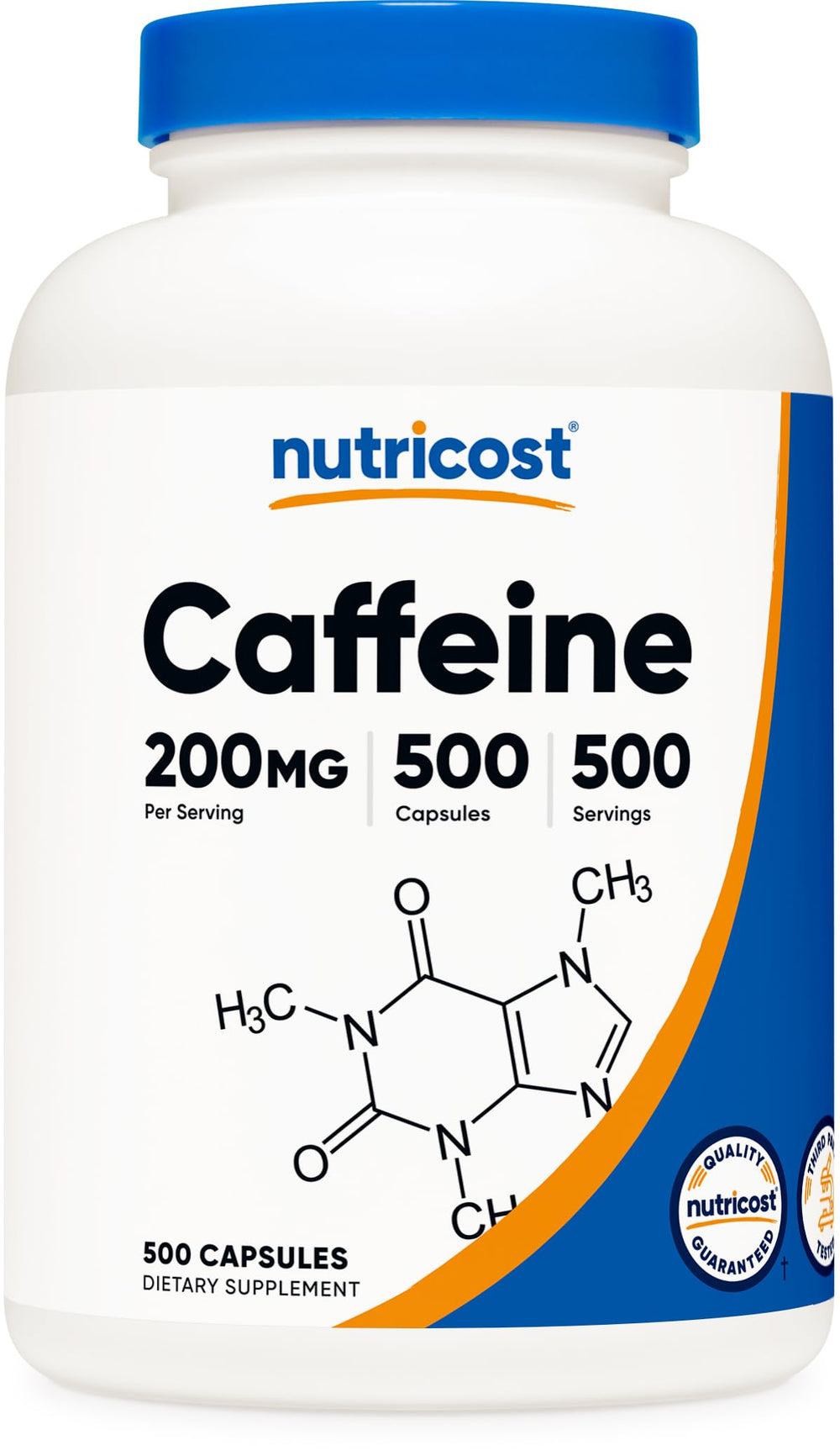 Bottle of Nutricost Caffeine Pills - 200mg per capsule, 500 count