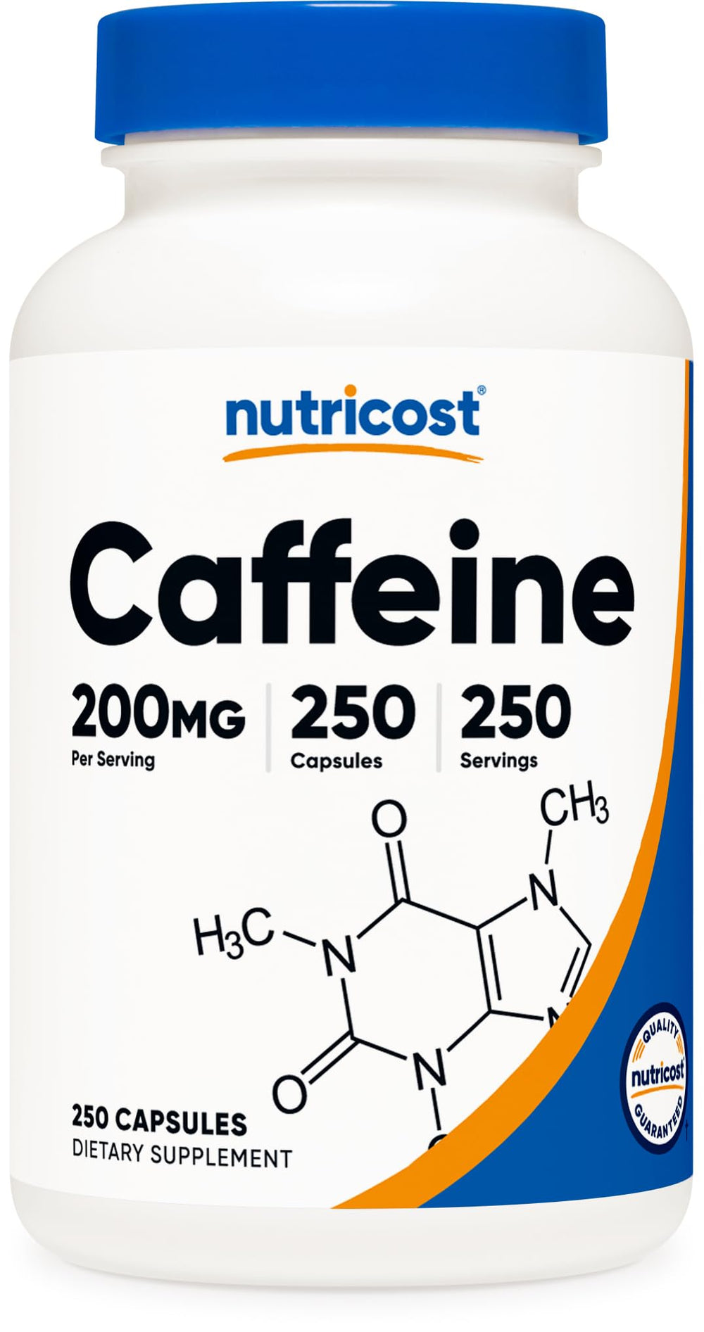 Nutricost Caffeine Pills bottle showing 200mg per capsule, 250 capsules