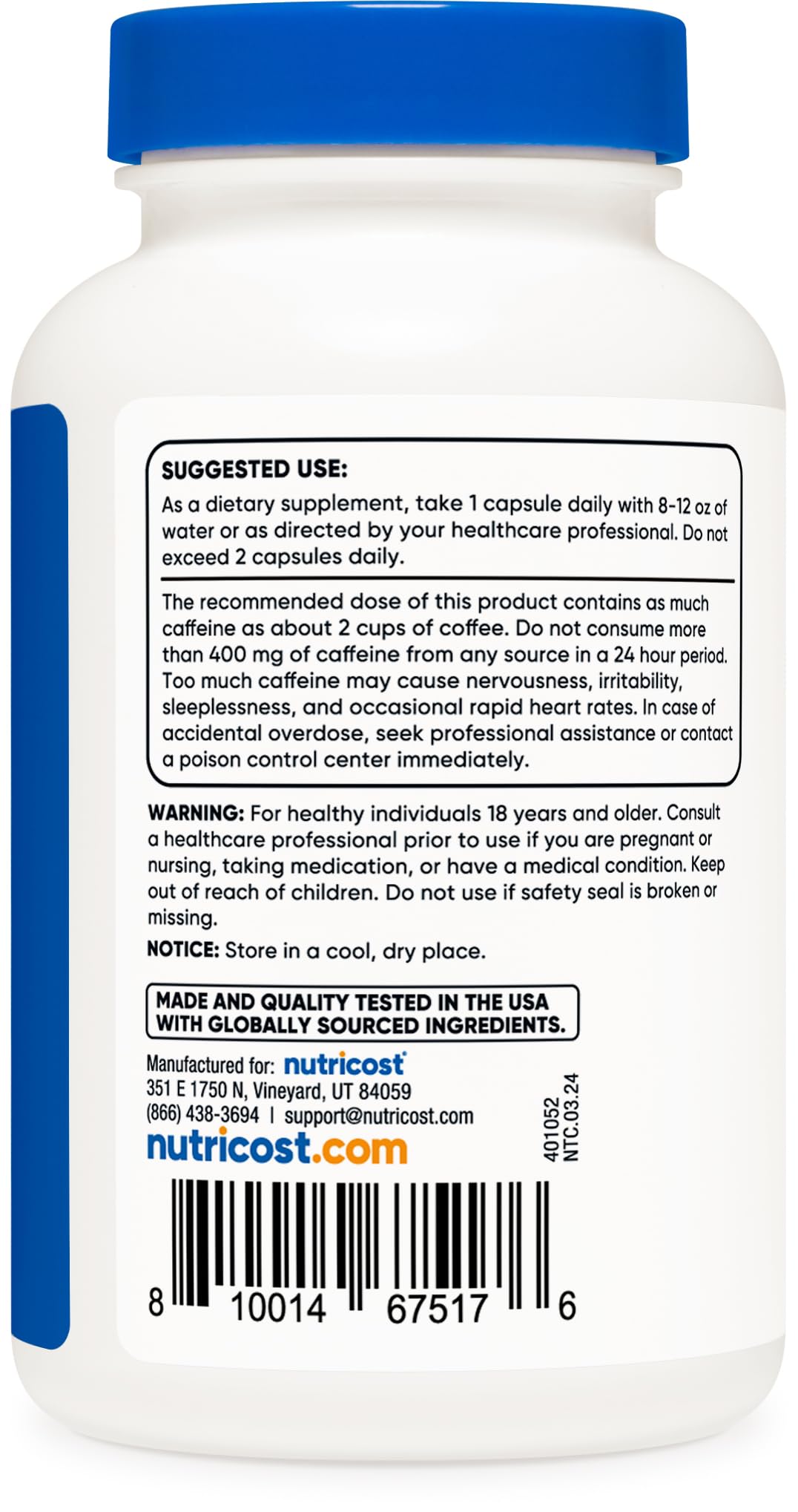 Nutricost Caffeine Pills bottle featuring label and cap